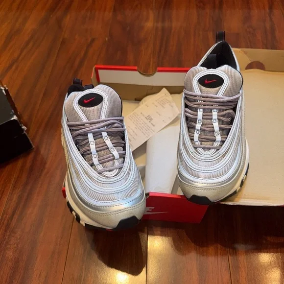 Nike Air Max 97 Metallic Silver Bullet with Red Accents - Picture 3 of 9